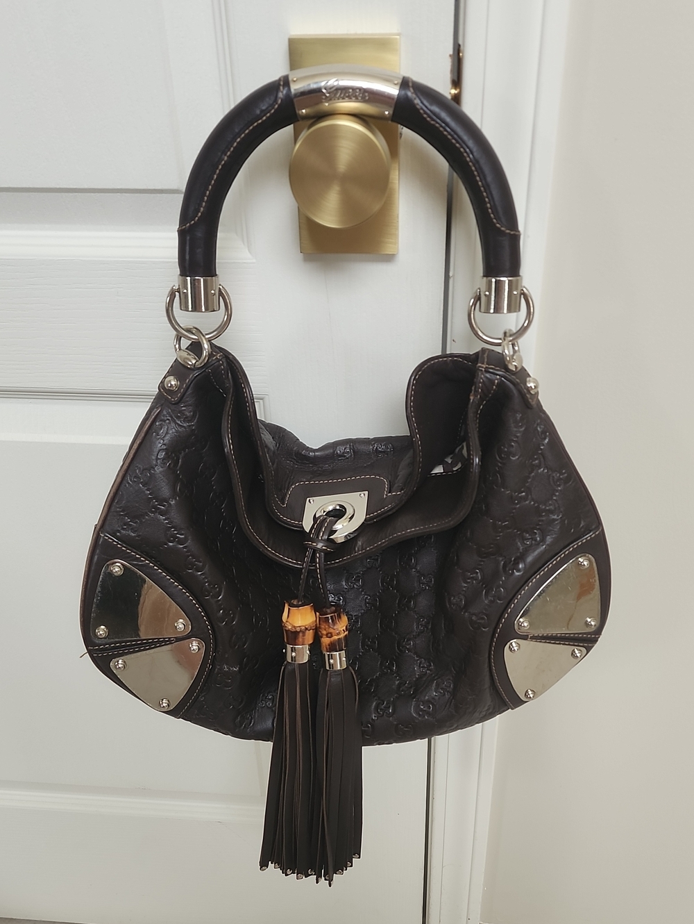 Gucci Babouska Indy Hobo Bag Dark Brown Guccissima Leather AUTHENTIC